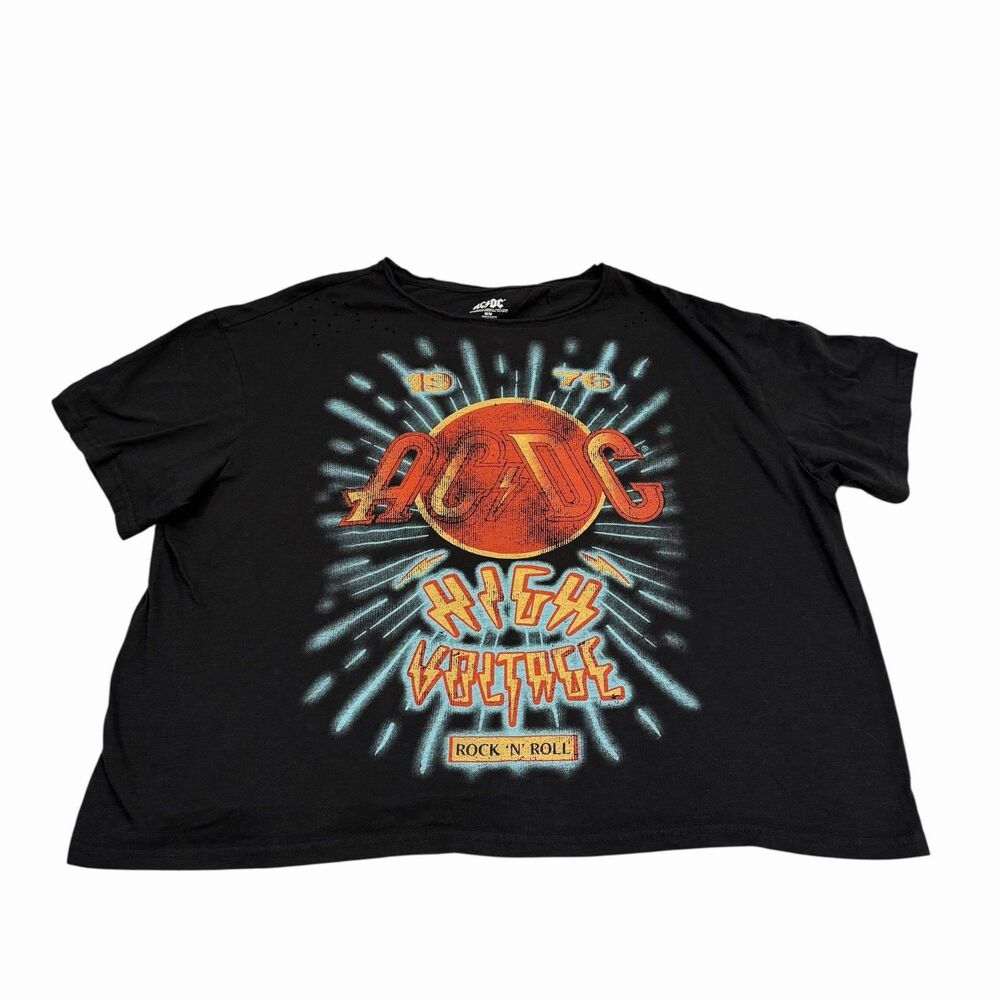 AC/DC T-Shirt Womens Short Sleeve Black Music Concert‎ Stretch Crop Top Medium